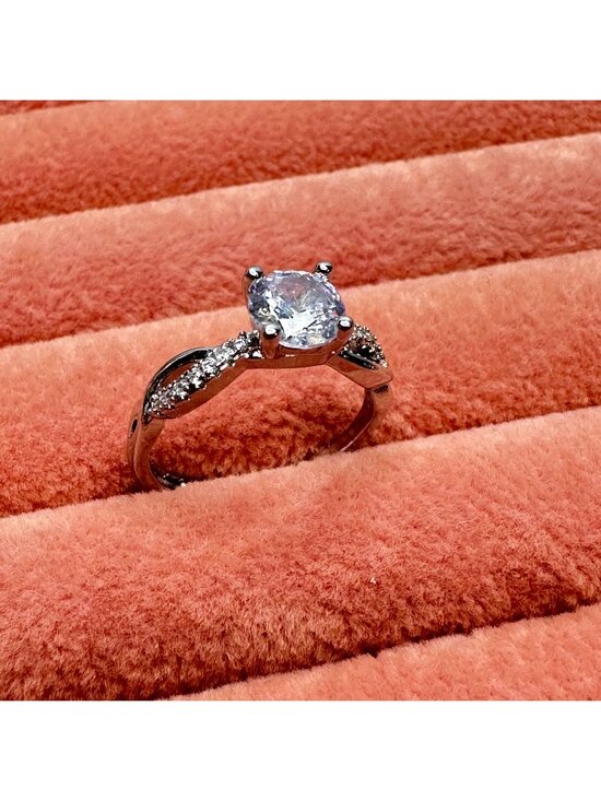Estate Jewelry - Silver-Tone Cubic Zirconia Engagement Ring Twisted Band Design Size 7 Adjustable